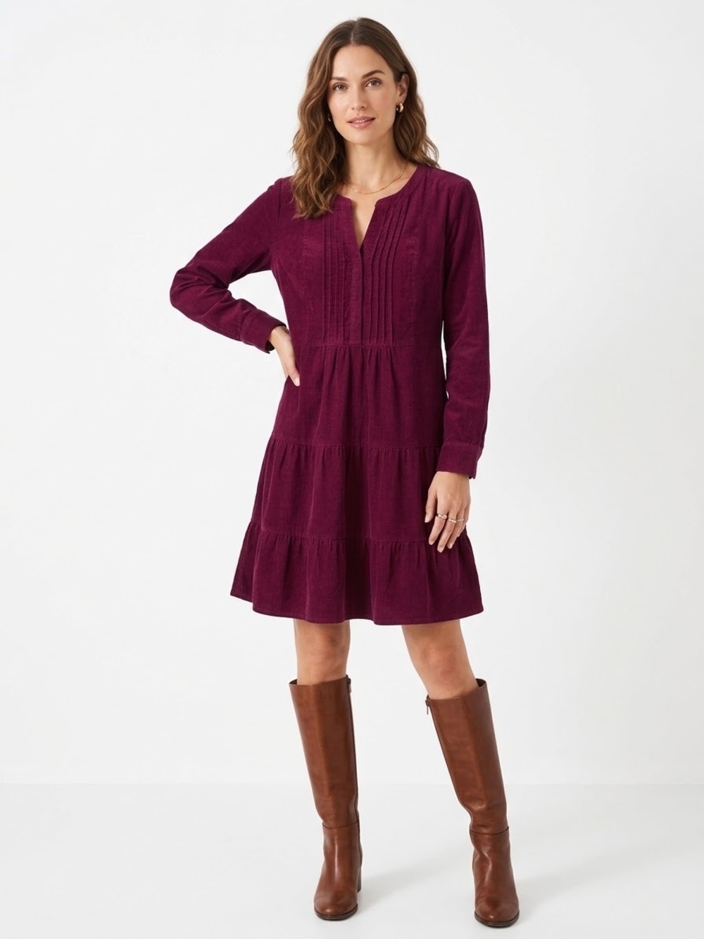 Long-Sleeve Fall Vibes Tiered Corduroy Dress in burgundy